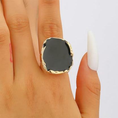 Chunky Gold Big Black CZ Enamel Drip Rings for Women Statement, Unique Large Crystal Silver Cocktail Ring Set Punk Geometric Jewelry Accessories Gifts - color: Black 2