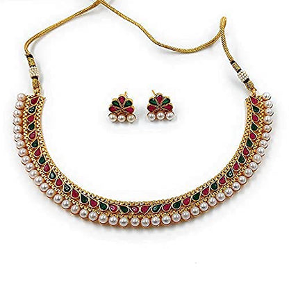 Aheli Ethnic Faux Kundan Pearl Fancy Bridal Choker Necklace Indian Traditional Bollywood Jewelry Set with Earrings Gift for Women - color: Red & Green