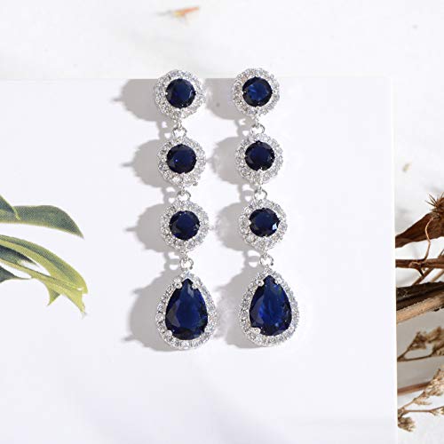 Women's Cubic Zirconia Bridal Earrings - Elegant Long Wedding Party Prom Earring for Bride Bridesmaids Crystal CZ Rhinestone Chandelier Statement Dangle Drop Earrings for girls - color: Blue-silver