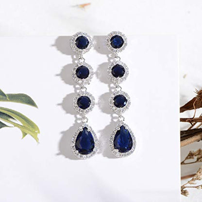 Women's Cubic Zirconia Bridal Earrings - Elegant Long Wedding Party Prom Earring for Bride Bridesmaids Crystal CZ Rhinestone Chandelier Statement Dangle Drop Earrings for girls - color: Blue-silver