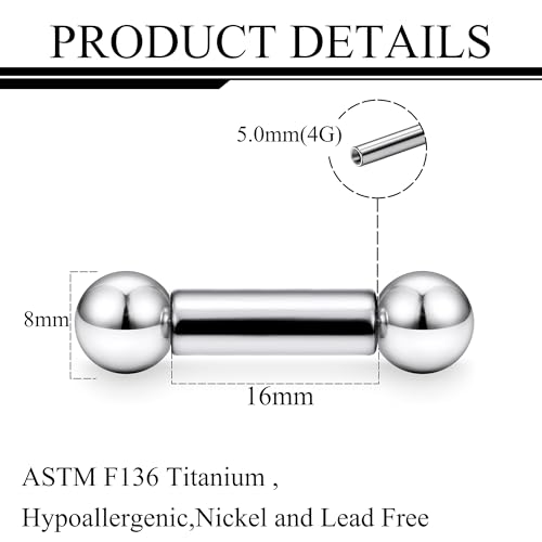 Ruifan Grade 23 Titanium Internally Threaded Nipple Piercing Jewelry Barbell Ring PA Tongue Rings Nipple Straight Body Piercing Jewelry for Women Men 16G 14G 12G 8G 6G 4G 2G - size: 4GA - 5/8" (16mm)