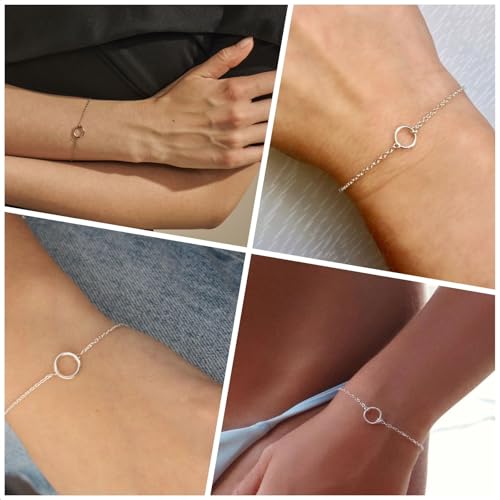 Solid 925 Sterling Silver Bracelets for Women, Dainty Interlocking Circles Cubic Zirconia Adjustable Chain Bracelet, Trendy Stackable Link Bracelets, Simple Cute Jewelry Gifts - color: Silver Karma Circle