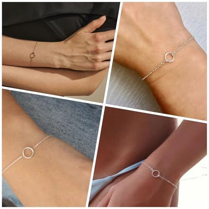 Solid 925 Sterling Silver Bracelets for Women, Dainty Interlocking Circles Cubic Zirconia Adjustable Chain Bracelet, Trendy Stackable Link Bracelets, Simple Cute Jewelry Gifts - color: Silver Karma Circle
