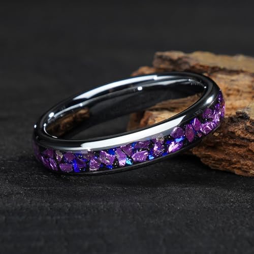 4mm 6mm 8mm Tungsten Rings With Various Inlay Materials Couples Matching Engagement Wedding Promise Matching Ring Set for Women Men - color: Silve Amethyst 4mm