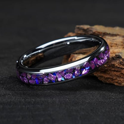 4mm 6mm 8mm Tungsten Rings With Various Inlay Materials Couples Matching Engagement Wedding Promise Matching Ring Set for Women Men - color: Silve Amethyst 4mm