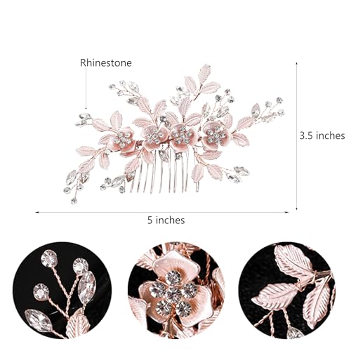 Bridal Hair Accessories Bright Rose Gold Wedding Hair Comb for Brides, Handmade Rhinestone Hair Wedding Head Pieces for Women and Bridesmaids Flower Girls - color: Bright Rose Gold
