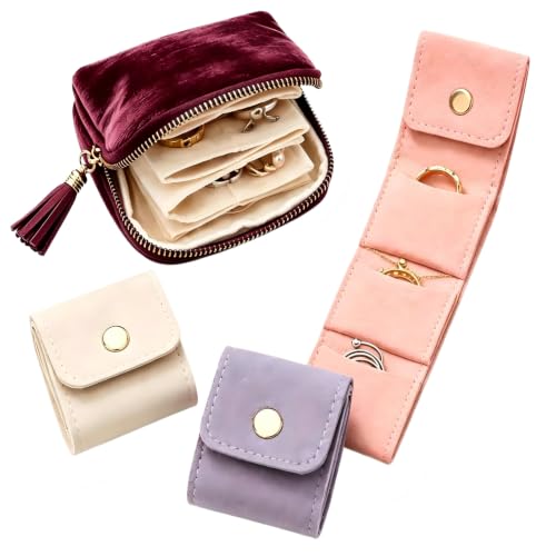 Jewelry Zippered Pocket Case Set with 3 Mini Foldable Jewelry Rolls (Dark Red) - color: Dark Red