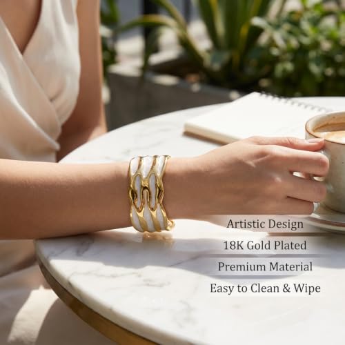 18K Gold Plated White Enamel Cuff Bracelet for Women - color: wave
