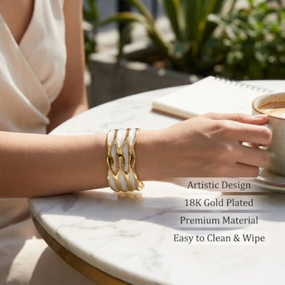 18K Gold Plated White Enamel Cuff Bracelet for Women - color: wave