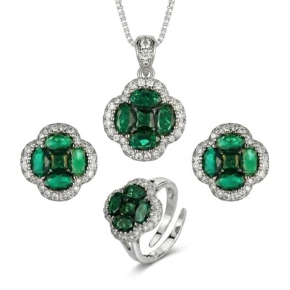 Green/Blue Zircon 4-Leaf Clover Jewelry Set – Necklace, Ring, Earrings – Women's Wedding & Evening Gift for Wife, Girlfriend, Mother – Comes with Gift Box - color: Green 3-Piece Set