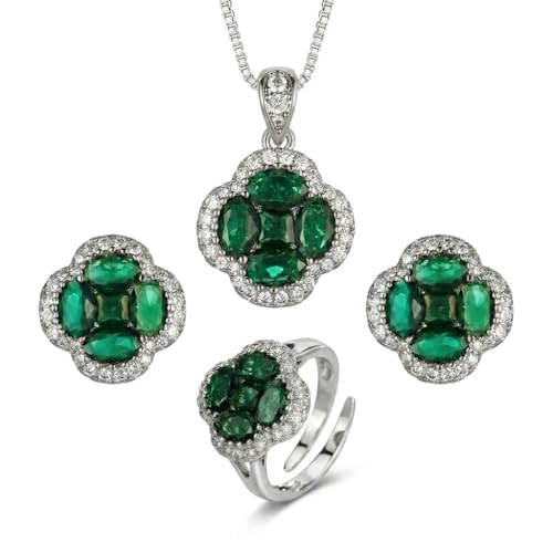 Green/Blue Zircon 4-Leaf Clover Jewelry Set – Necklace, Ring, Earrings – Women's Wedding & Evening Gift for Wife, Girlfriend, Mother – Comes with Gift Box - color: Green 3-Piece Set