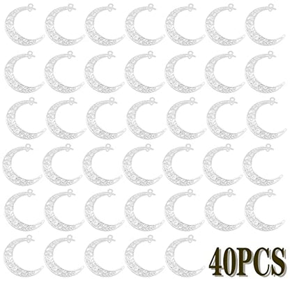 40pcs Bright Silver Hollow Moon Charms Filigree Luna Crescent Charms Celestial Moon Pendants for DIY Earrings Necklace Jewelry Making Findings - color: Kc Silver