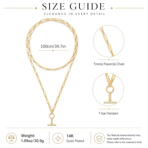 Lariat Necklace for Women Layered Paperclip Long Y Link Chains T Bar Pendant Chunky Statement Necklace 14K Gold Plated Adjustable Minimalist Trendy Gold Jewelry Gift