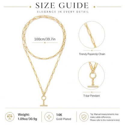 Lariat Necklace for Women Layered Paperclip Long Y Link Chains T Bar Pendant Chunky Statement Necklace 14K Gold Plated Adjustable Minimalist Trendy Gold Jewelry Gift
