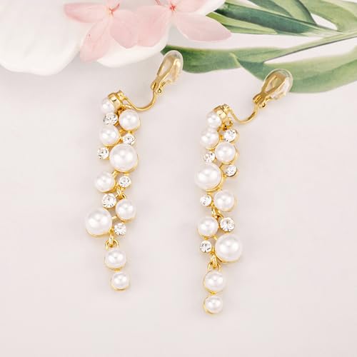 Clip On Earrings Simulated Pearl Wedding Bridal Dangling Dangle Clip Earrings for Women Non-pierced - color: Gold