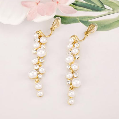 Clip On Earrings Simulated Pearl Wedding Bridal Dangling Dangle Clip Earrings for Women Non-pierced - color: Gold