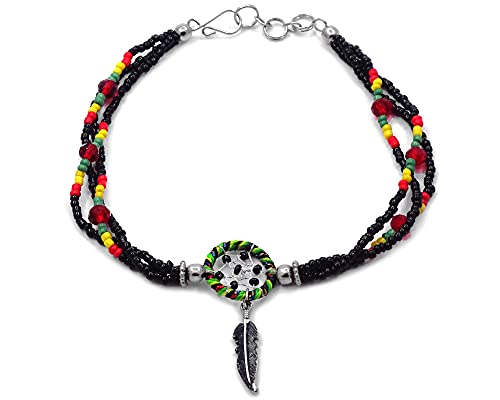 Mia Jewel Shop Dream Catcher Feather Charm Dangle Seed Beaded Multi Strand Anklet - Womens Southwest Fashion Handmade Jewelry Boho Accessories - color: Rasta/Black