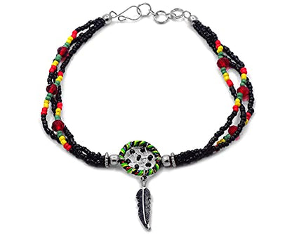 Mia Jewel Shop Dream Catcher Feather Charm Dangle Seed Beaded Multi Strand Anklet - Womens Southwest Fashion Handmade Jewelry Boho Accessories - color: Rasta/Black