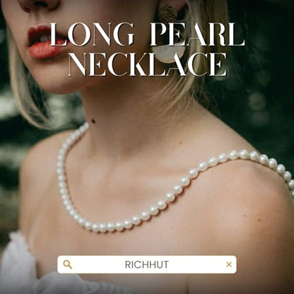 Women's Long Pearl Necklace - Natural Cultured Pearls - Luxurious 8mm Strand Pearls - 1920s Timeless Elegance - Great for Wives, Girlfriends, Sisters, and Besties - Length 60In/71In - color: 18K Golden Bubbly, size: 60In