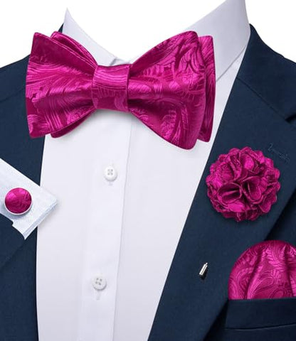 YOHOWA Bow Ties for Men Self-tied Silk Bowtie Solid Color with Lapel Pin and Handkerchief Cufflinks for Wedding Party Prom - color: Hot Pink Paisley a