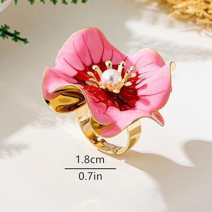 NewZenro Elegant Large Flower Statement Rings for Women Gold-Tone Plated Danity Enamel Faux Pearl Big Floral Adjustable Open Wrap Finger Rings Comfort Fit Wedding Promise Fashion Jewelry - color: Pink