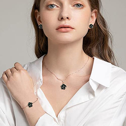 EleQueen Rose Flower Necklace Earrings Bracelet Set for Women - color: 05_Green Necklace+Earrings+Bracelet