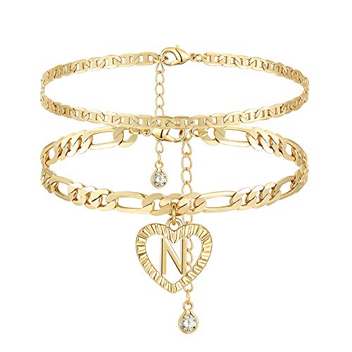 YANODA Initial Ankle Bracelets for Women 14K Gold Plated Layered Figaro Chain Letter Initial Anklets Handmade Layered Heart Ankle Bracelets Personalized Jewelry for Women - color: N