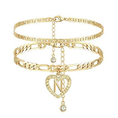 YANODA Initial Ankle Bracelets for Women 14K Gold Plated Layered Figaro Chain Letter Initial Anklets Handmade Layered Heart Ankle Bracelets Personalized Jewelry for Women - color: N