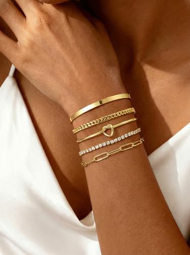 14K Gold Plated Stackable Bangle Bracelets Set for Women | Cuff Bracelet Stackable Bangles Bracelet for Women Trendy Fashion Accessories Tie Knot Cuban Rope Paperclip Beaded Bracelets - color: 5-layer D GD