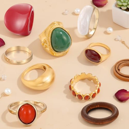 Chunky Gold Rings for Women Non Tarnish, Baroque Pearl Flower Tiger's Eye Stone Rings Adjustable Stacking Statement Rings Set Fashion Jewelry Gifts - style: Green/Red/Wood/Brown