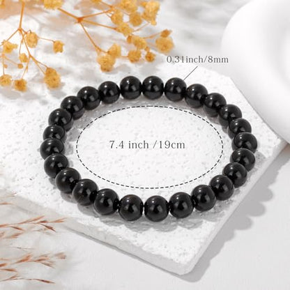 Crystal Beaded Bracelets for Women 4mm Clear Quartz Bead Handmade Gemstone Stretch Elastic Bracelet Natural Stone Crystal Healing Reiki Spiritual Jewelry Gifts - color: Black Obsidian, size: 8mm