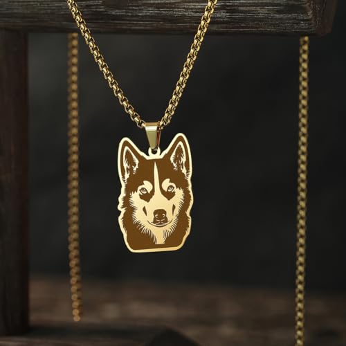Husky Pendant Necklace Stainless Steel Husky Dog Puppy Necklace Gold Sliver Cute Dog Necklaces for Women Men Pet Animals Lover - color: Husky Gold