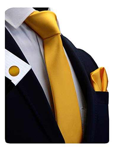 GUSLESON 3.15"（8cm） Solid Color Necktie and Pocket Square Cufflinks Sets For Men + Gift Box - color: Gold