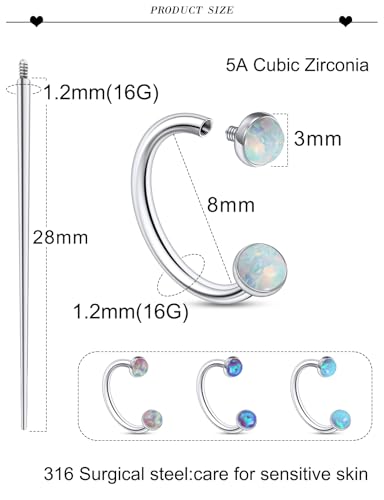 16G Horseshoe Septum Nose Ring Piercing Jewelry Stainless Steel Internal Thread Circular Barbell Daith Rook Earring Snake Bite Lip Ring Piercing Jewelry for Women Men 16 Gauge Opal Silver - style: 16G, 8mm, Inlay Opal