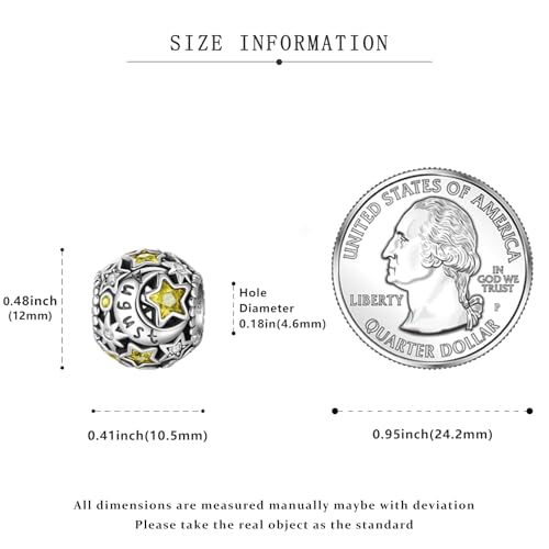 925 Sterling Silver Birthstone Star & Moon Bead Charms with Cubic Zirconia | 12 Months Birthstones, Compatible with Pandora & European Bead Charms Bracelets,Celestial Birthday Jewelry Gift for Women - color: August Yellow Birthstone Charm