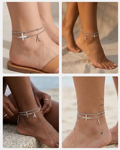 Layered Cross Initial Ankle Bracelets for Women Waterproof 14K Gold Plated Non Tarnish Stainless Steel Stacking Letter Charm Anklets Summer Beach Foot Jewelry Gift - color: silver