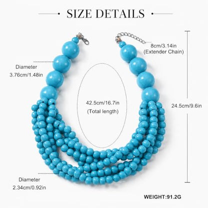 Handmade Layered Wood Bead Necklace for Women - Chunky African Statement Necklace, Natural Khaki Beaded Jewelry, Hypoallergenic & Skin-Safe for Sensitive Skin, Boho Rainbow Inspired Chunky Collar Necklace - color: Blue