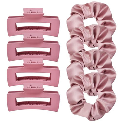 8pcs Claw Clips and Hair Scrunchies Set – 4 Square Hair Clips for Women, Medium Non-Slip Matte, 4 Large Satin Scrunchies, Hair Accessories for Thick Thin Hair, Party, Daily Use – Dusty Pink - color: Dusty Mauve Rose