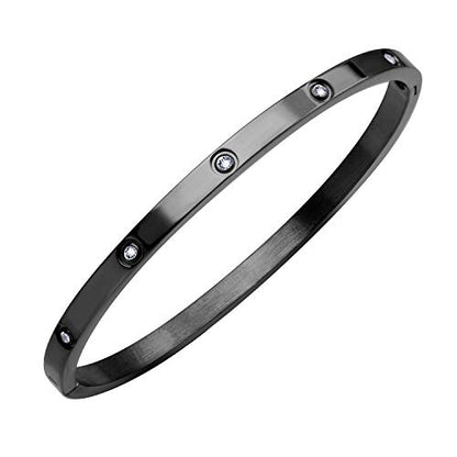 555Jewelry Womens Sparkling Cubic Zirconia Secure Hinge Lock Bangle Stainless Steel Bracelet - color: Black