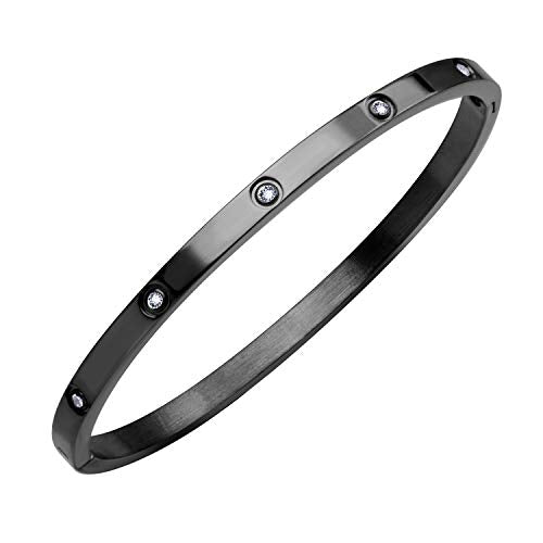 555Jewelry Womens Sparkling Cubic Zirconia Secure Hinge Lock Bangle Stainless Steel Bracelet - color: Black
