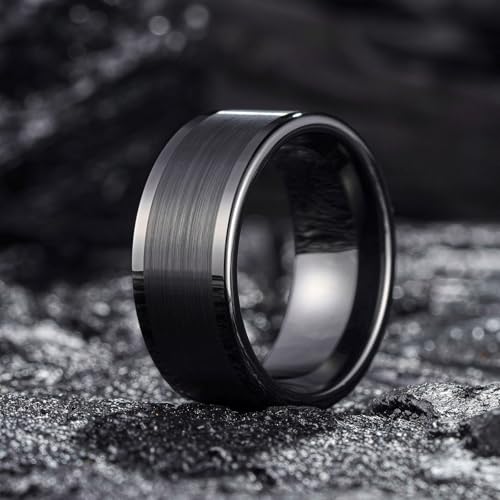 King Will Mens Brushed Wedding Band, Two Tone Matte Step Edges/Pipe Cut, Tungsten Carbide Anniversary Promise Rings Comfort Fit - color: Black Pipe Cut-10mm