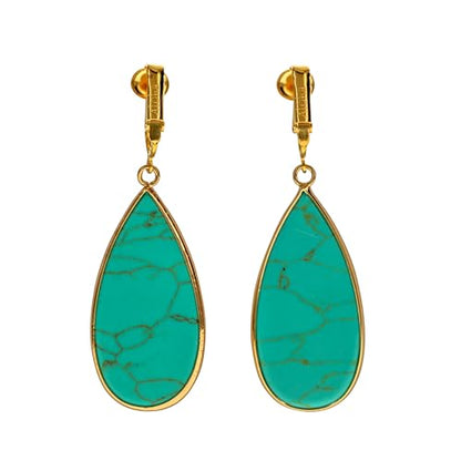 Aloha Earrings Non Pierced Gold Tone Clip On Natural Stone Teardrop Dangling Earrings - style: Turquoise
