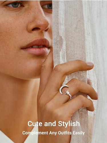 PROSILVER 925 Sterling Silver Adjustable Open Ring for Women, Solid Sterling Silver Stackable Ring, knuckle Finger Ring, Pinky Ring, Come with Box - style: 06 Moon and Star
