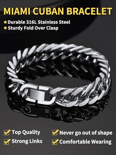 ChainsHouse Stainless Steel Cuban Link Bracelet, 6mm/8mm/12mm/17mm Width, 7.5"/8.3"/9", Black/ 18K Gold Plated Chain Wrist Bracelets for Men Women, Send Gift Box - color: D: Steel-12mm width