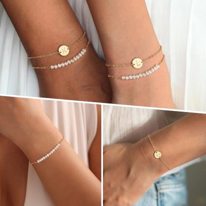 Ritach Gold Initial Bracelets for Women Girls, Freshwater Pearl Bracelet | 14K Gold Plated,Layered Disc Initial Bracelet Stackable Pearl Bracelets for Women Girls,Pearl Jewelry,Birthday Wedding Gifts - color: O