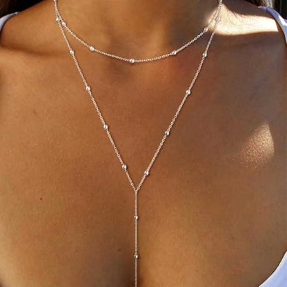 Lariat Necklace for Women, Dainty Long Necklaces, 14k Gold/Silver Plated Y-Shaped Drop Chain Necklace, Simple Layered Necklaces, Trendy Jewelry Gifts - style: Y Layered Bead Necklace-Silver