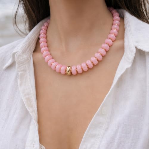 Chunky Beaded Necklace for Women Trendy Multicolor Resin Beads Choker Necklaces Boho Summer Statement Necklace Chunky Heart Jewelry - color: Chunky bead necklace-pink