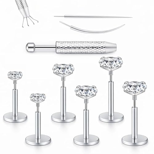 Medusa Piercing Jewelry, 9 Pack Threadless Nose Stud, 316L Surgical Steel Tragus Piercing Jewelry, Flat Back Nose Stud & Earrings Set 20G 18G 16G for Nose, Tragus, Cartilage, Lip, Medusa with Insertion Tool - color: silver
