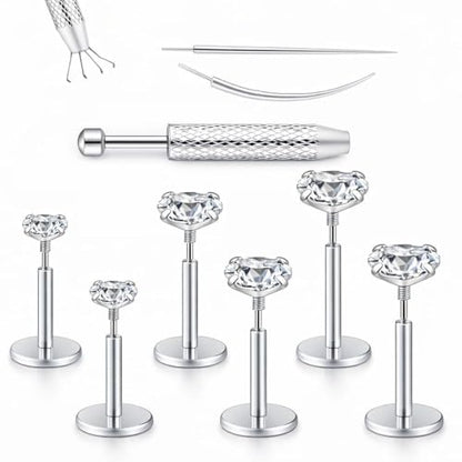 Medusa Piercing Jewelry, 9 Pack Threadless Nose Stud, 316L Surgical Steel Tragus Piercing Jewelry, Flat Back Nose Stud & Earrings Set 20G 18G 16G for Nose, Tragus, Cartilage, Lip, Medusa with Insertion Tool - color: silver