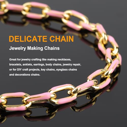 KYUNHOO 2M 18K Gold Plated Chain for Jewelry Making Pink Enamel Chain Spool | Unwelded Paperclip Chain Link Enamel Necklace Making Supplies Chunky Chains for Crafts DIY - color: Pink